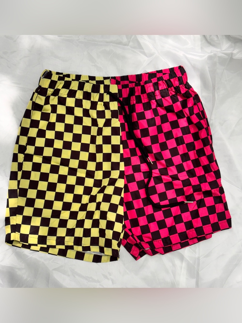 Checkerboard Two-Tone Shorts — Yellow & Hot Pink